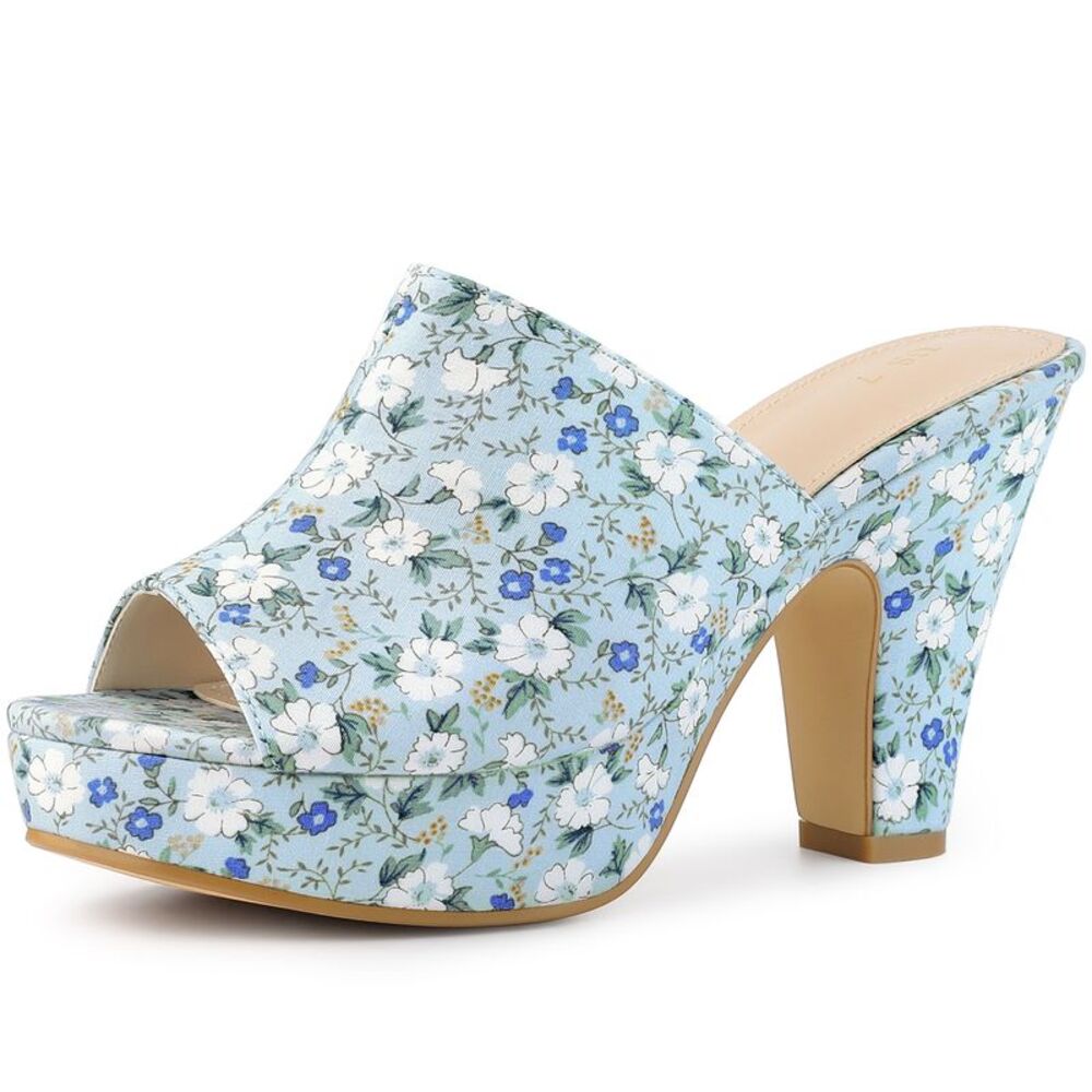 Platform Floral Chunky Heel Slides Sandals Light Blue